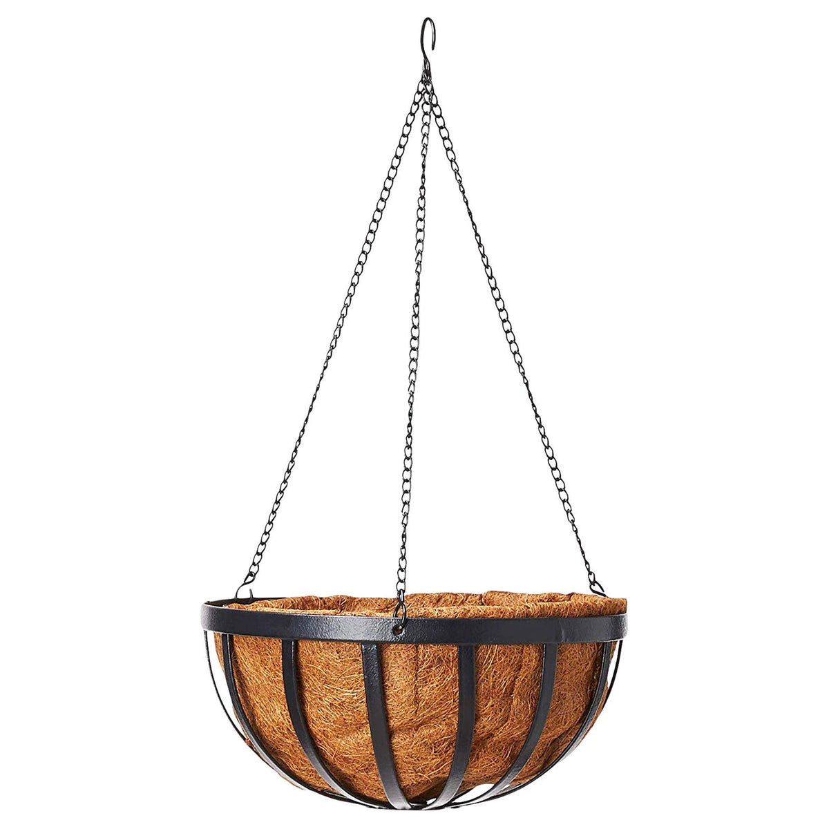 Arcadia Solstice round hanging basket in black frame designed for durable outdoor use.