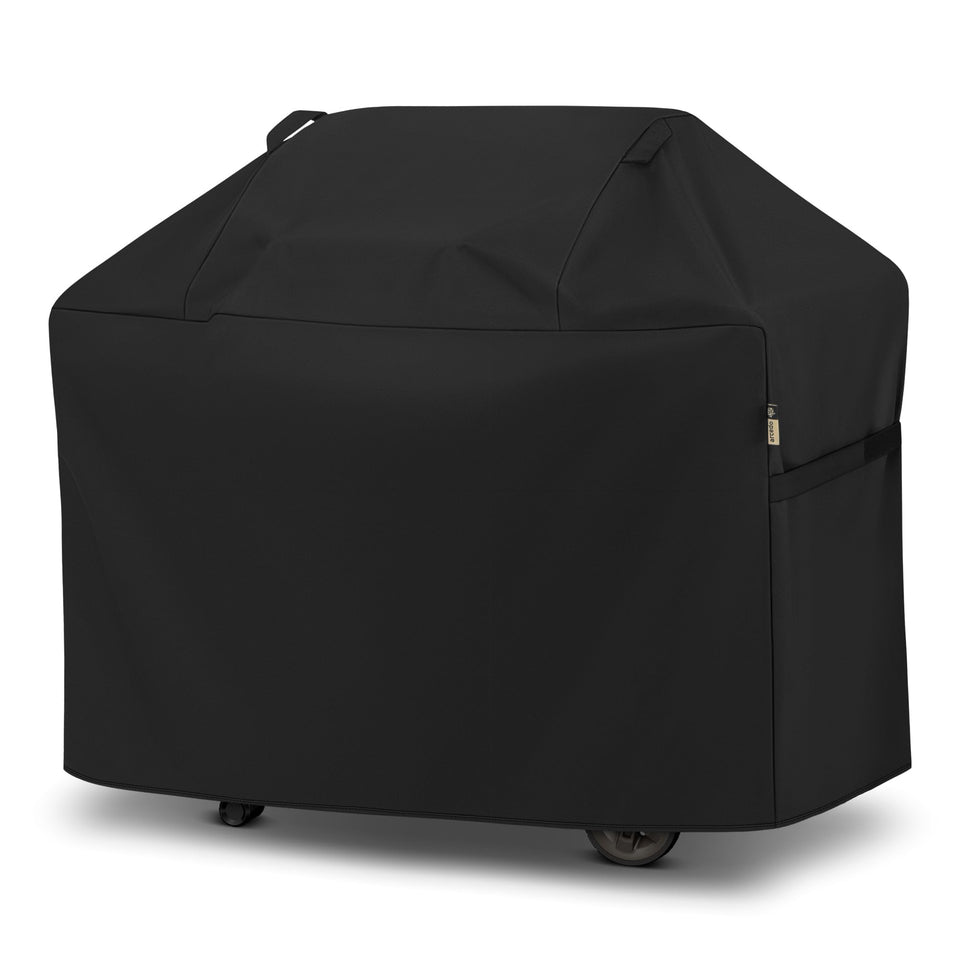 Arcedo BBQ Grill Cover 53 inch on patio, protecting grill from rain and sun.