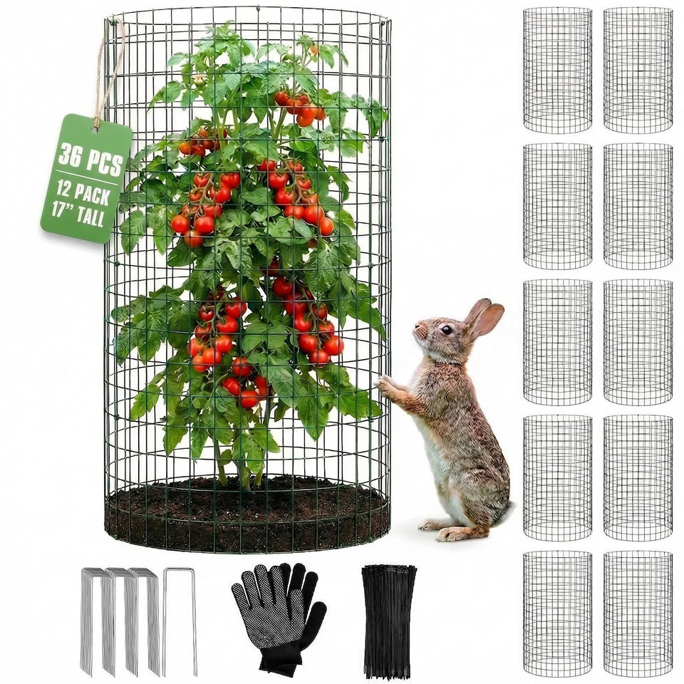 ArdeFentium 12-pack tall round plant cages protect vegetables from pests and wind.
