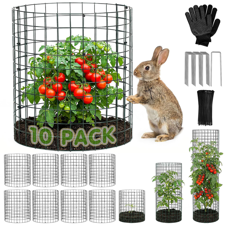 ArdeFentium round plant protector assembly protects seedlings from animals outdoors.