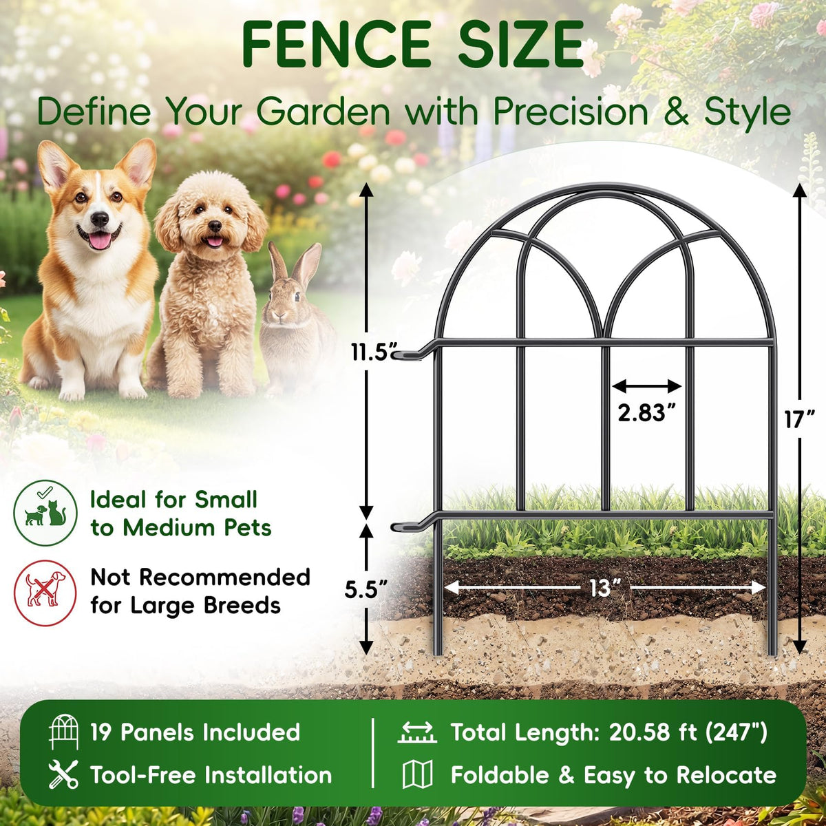 ArdeFentium tool-free installation garden fence enables quick no-dig setup.