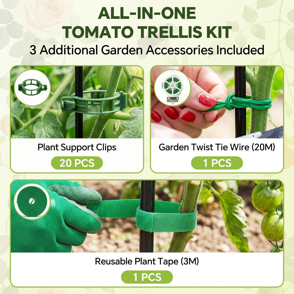 ArdeFentium tool-free setup with clips, twist ties, and plant tape.