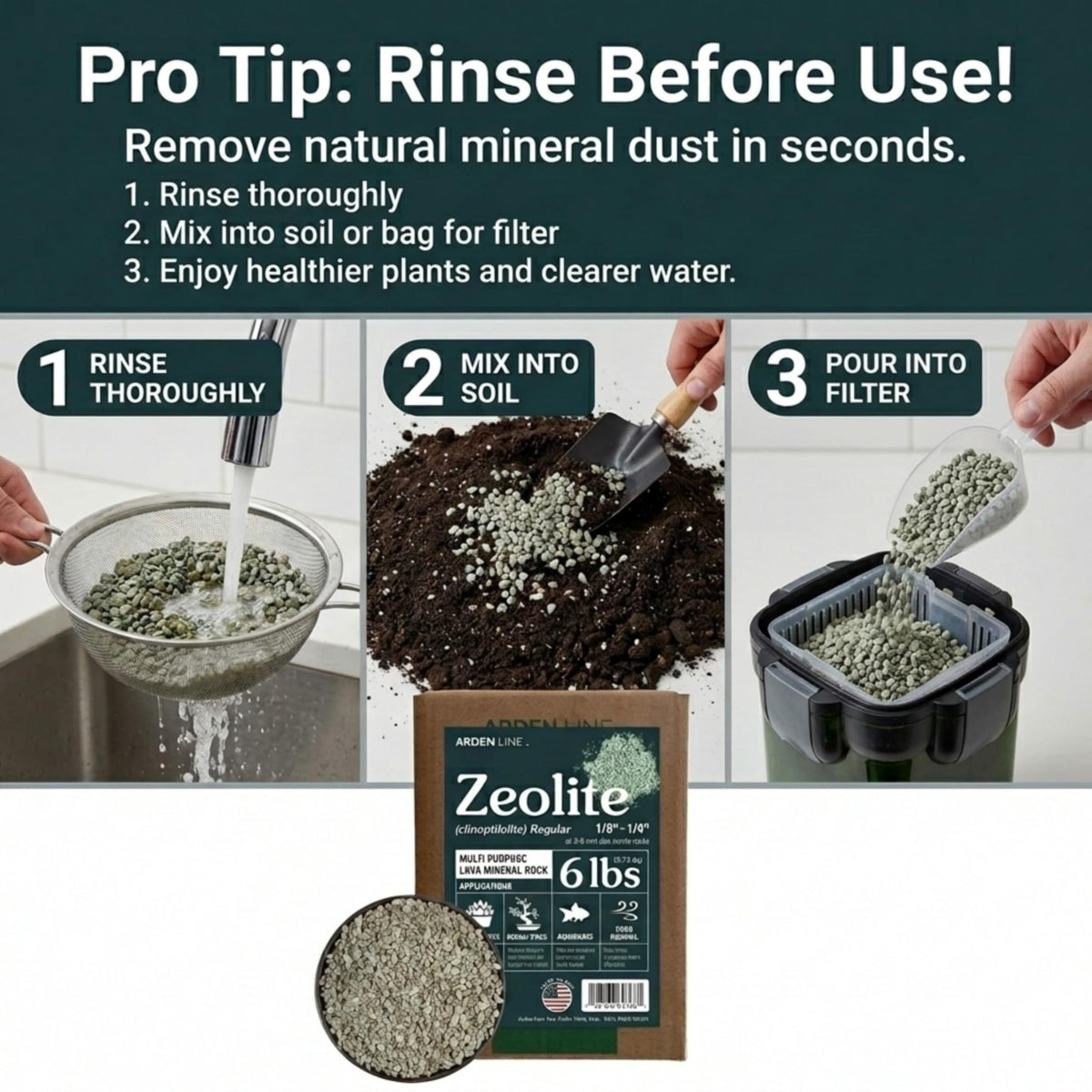 Arden Line soil amendment zeolite enhances nutrient retention and plant vitality.