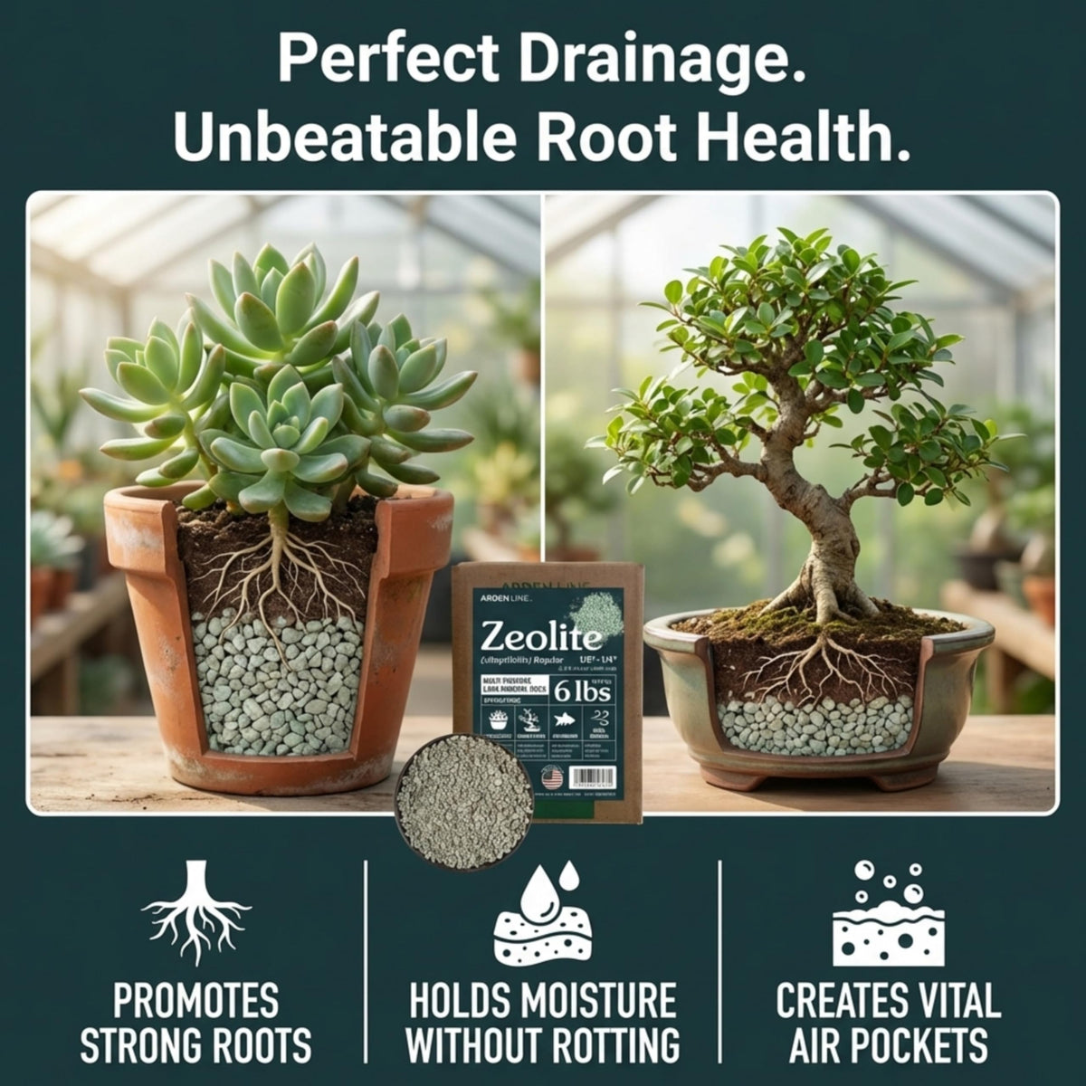 Arden Line bonsai soil with zeolite demonstrates root-friendly porosity and water balance.