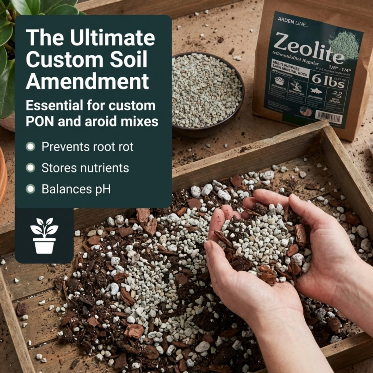 Arden Line Zeolite granules close-up showing texture for moisture balance in soil.