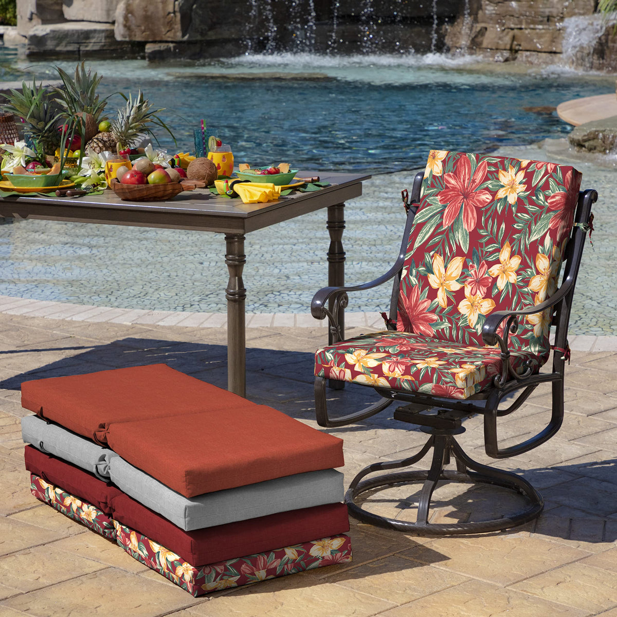 Arden Selections cushion with four tie loops securing on chairs