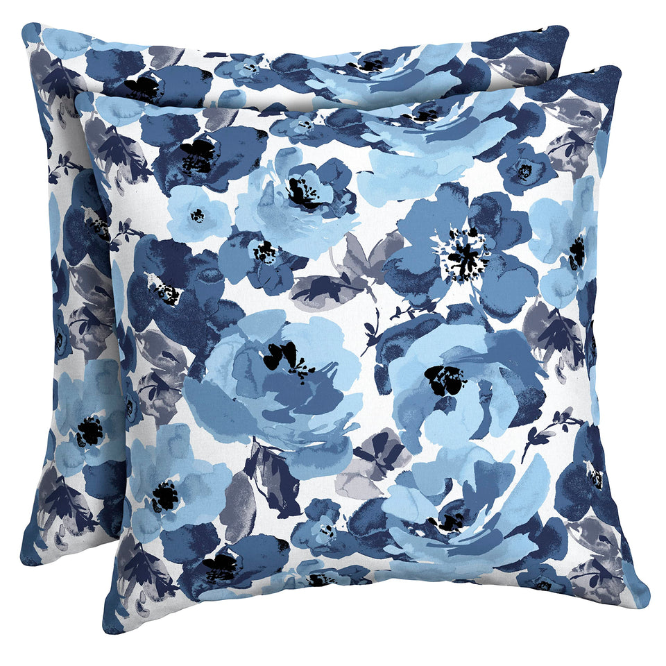 Arden Selections outdoor toss pillow 16x16 front view, vibrant fade-resistant blue floral for patios.
