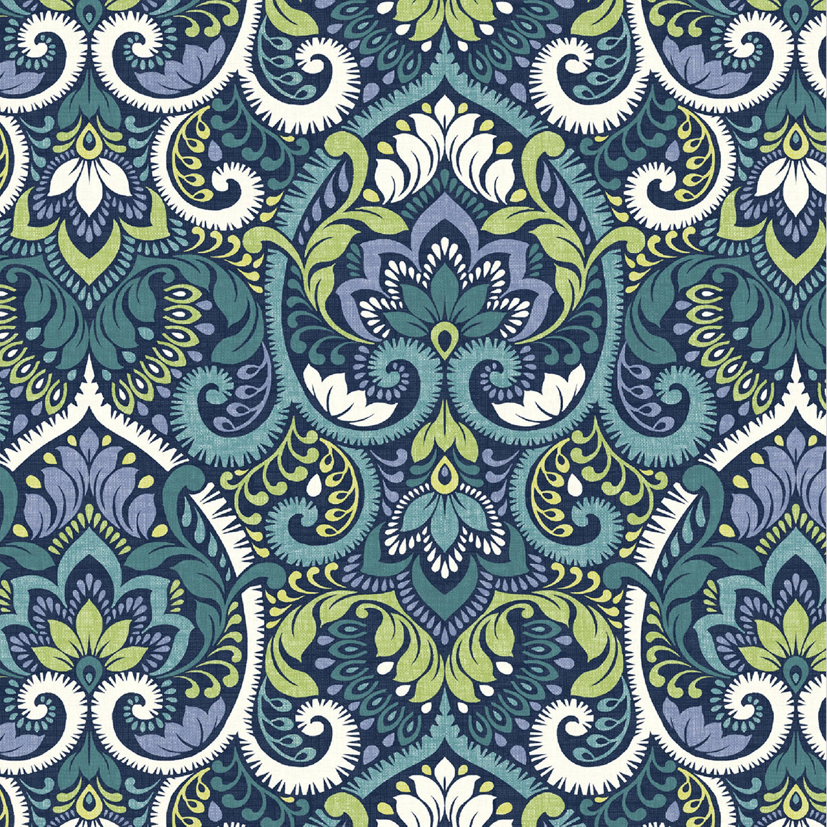 Arden Selections fabric close-up: 100% printed polyester with UV protection in sapphire damask