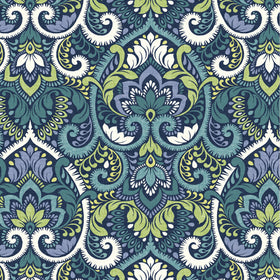 Arden Selections fabric close-up: 100% printed polyester with UV protection in sapphire damask