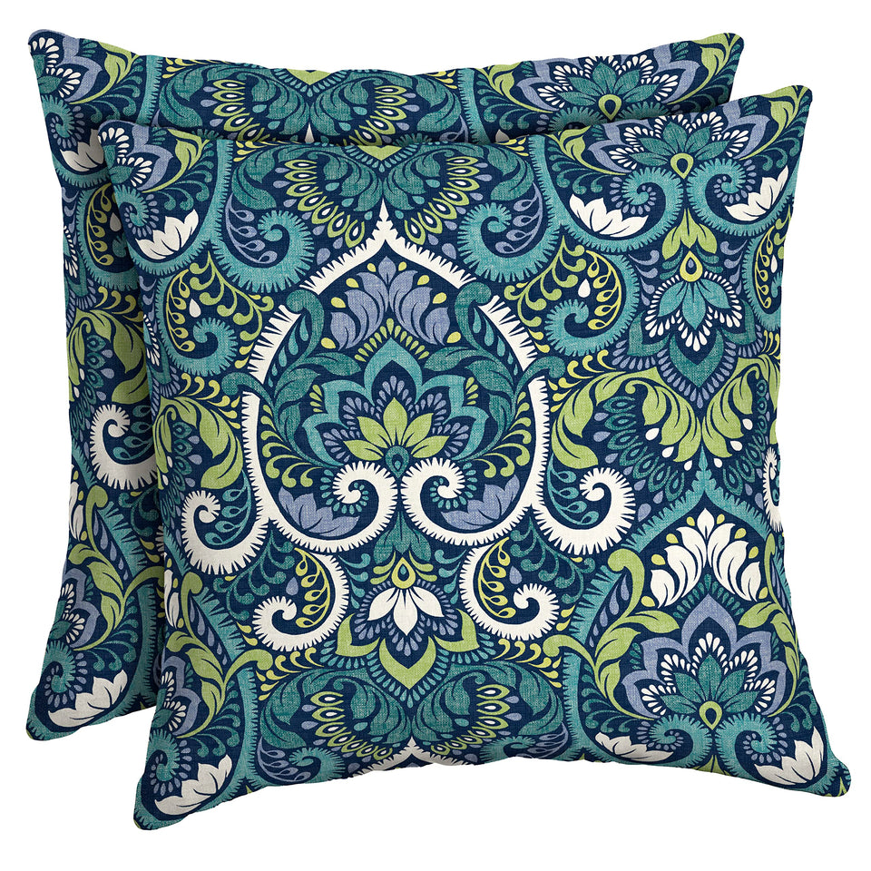 Arden Selections outdoor toss pillow front view in sapphire aurora blue damask, fade-resistant décor