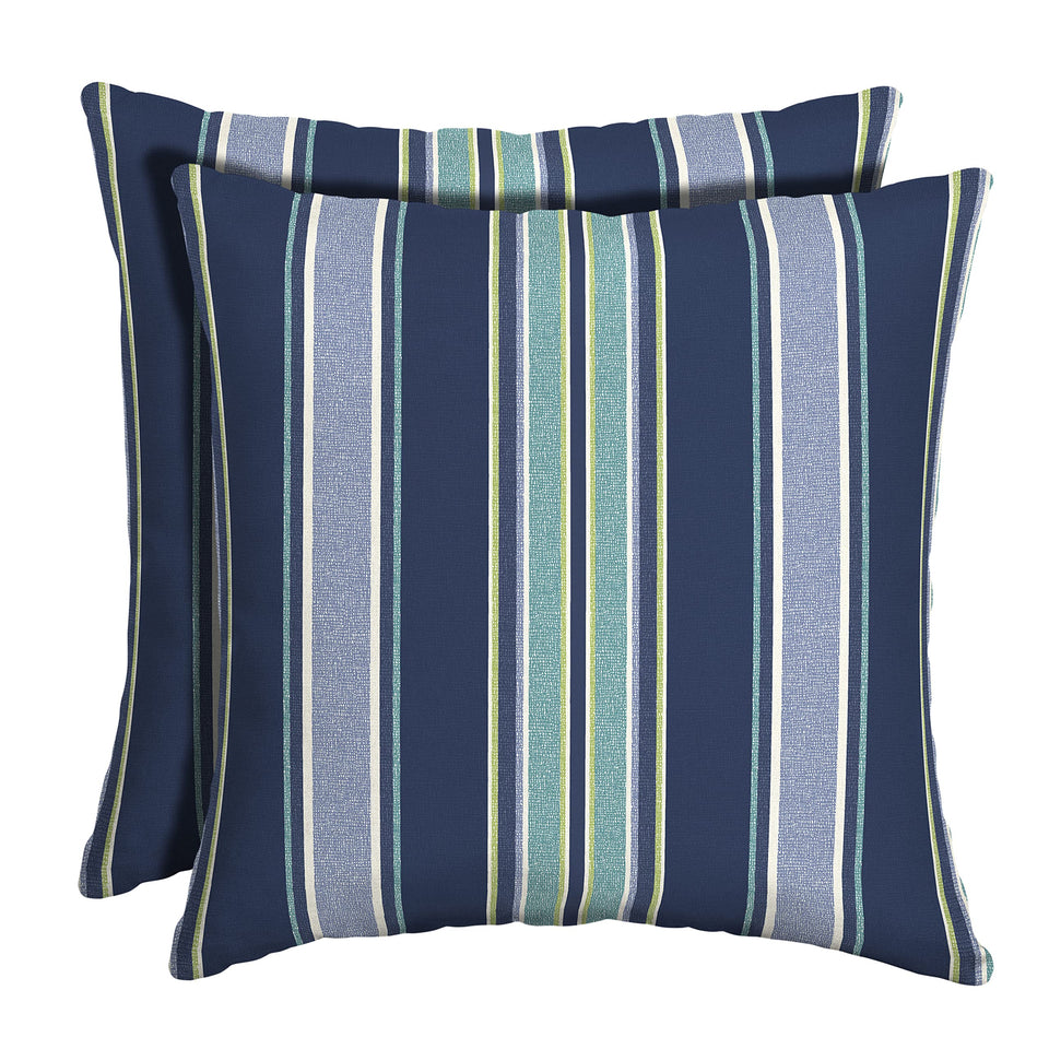 Arden Selections outdoor pillow in sapphire aurora blue stripe, front view on a chair