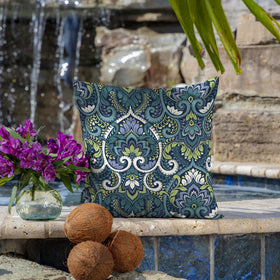Arden Selections pillow side view in sapphire damask highlights durable profile and clean seam