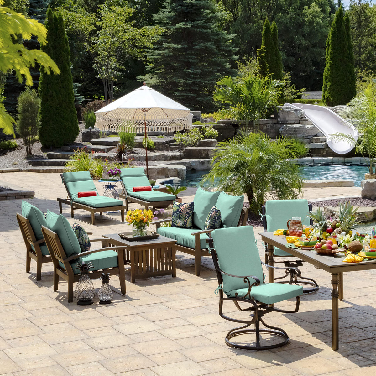 Arden Selections patio setup with Simone Blue Tropical pillows