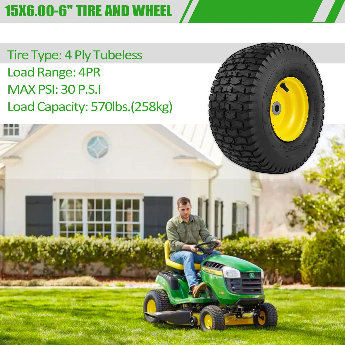 Aremae tubeless pneumatic tire highlights reliable ride on the mower.