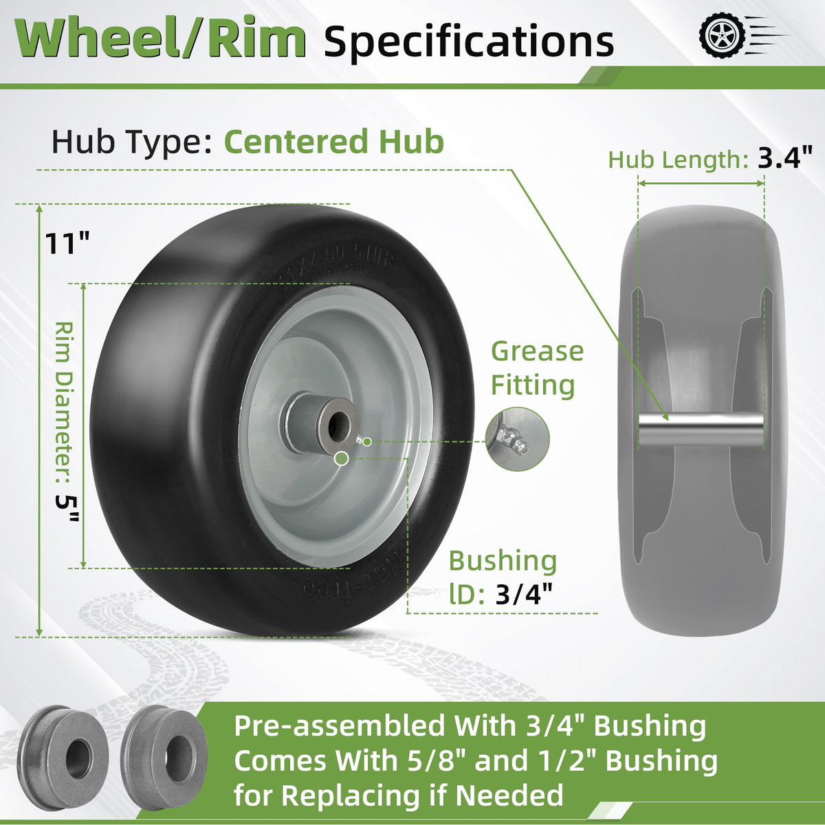 Aremae centered hub detail highlights quick alignment for zero-turn mowers.