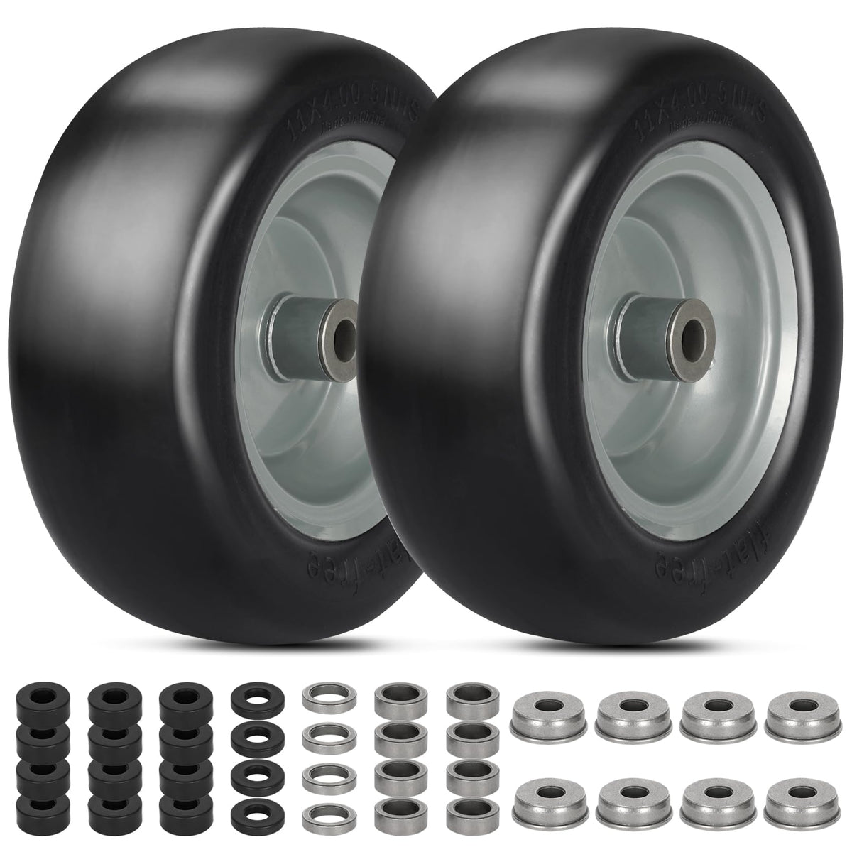 Aremae flat-free lawn mower tire with smooth tread for turf-friendly operation.