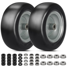 Aremae flat-free lawn mower tire with smooth tread for turf-friendly operation.