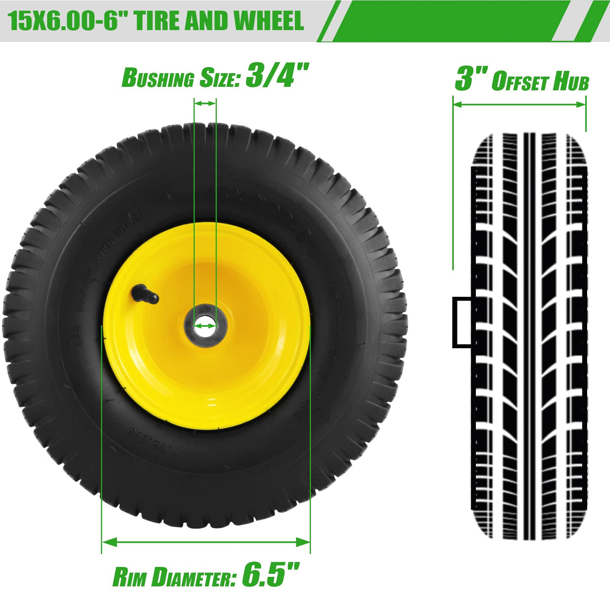 Aremae front tire assembly hub with 3-inch offset for proper alignment.