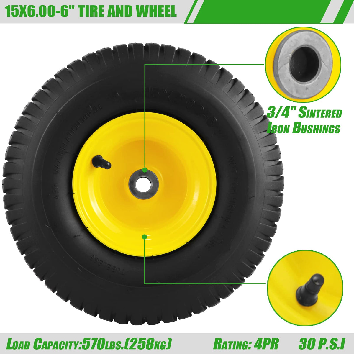 Aremae lawn mower tire with steel rim for sturdy ground contact.