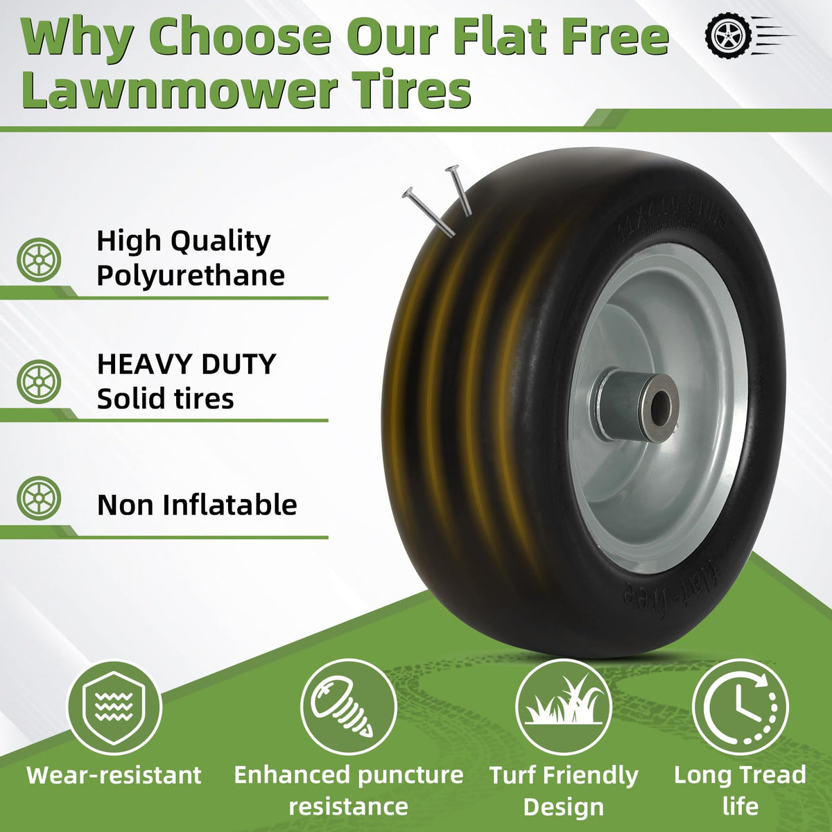 Aremae polyurethane tire resists flats for quieter maintenance-free mowing.