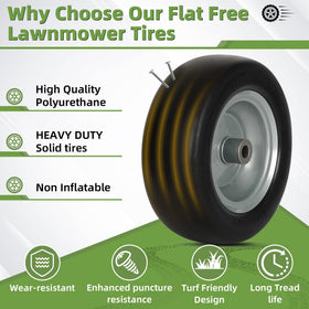 Aremae polyurethane tire resists flats for quieter maintenance-free mowing.