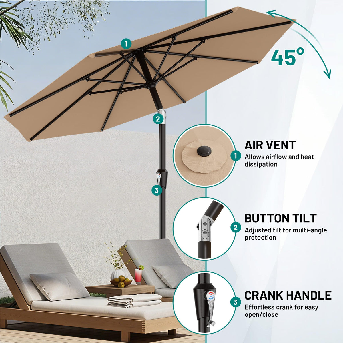 AreShark crank-open system for quick setup and shade angle adjustment.