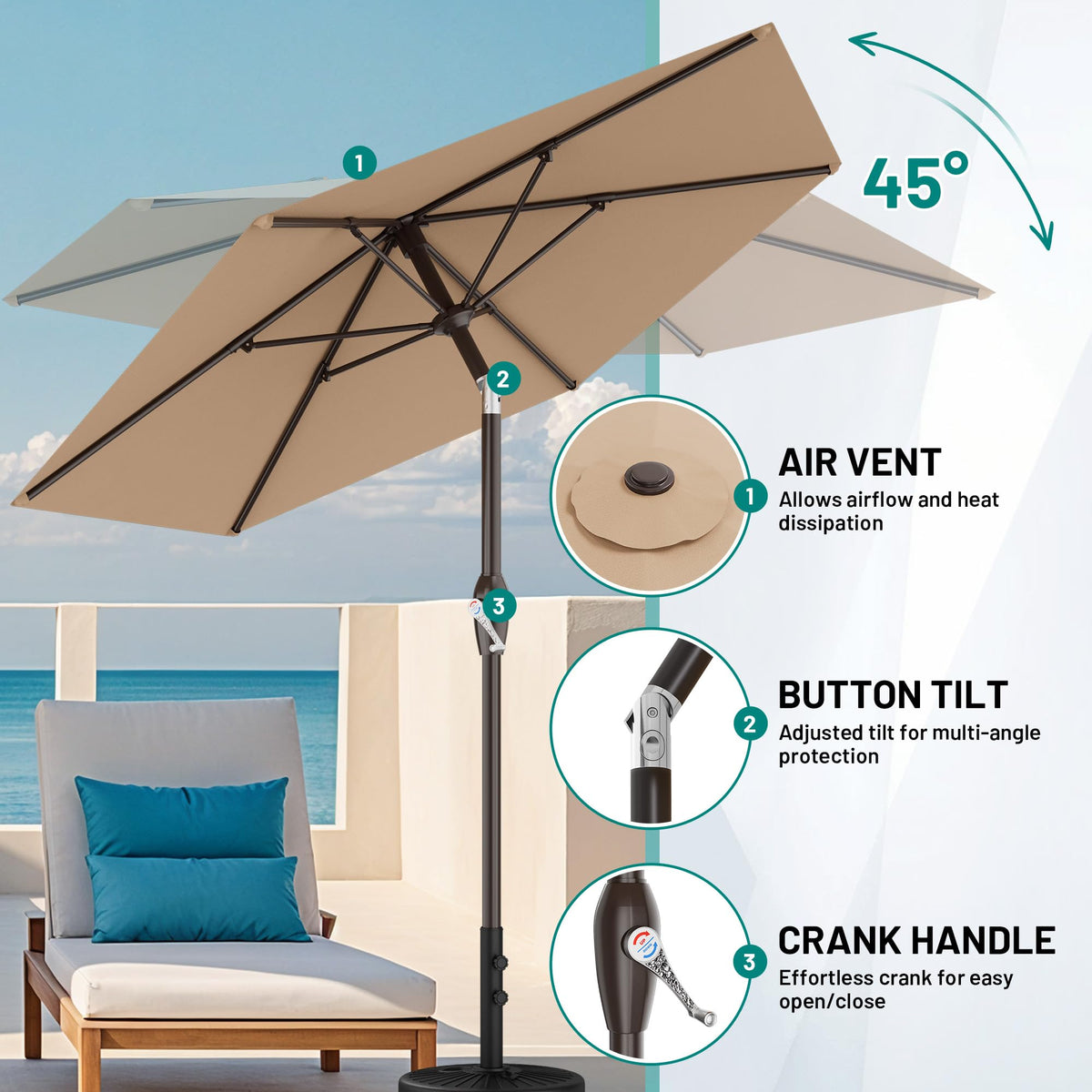 AreShark tilt-button mechanism angles shade smoothly as the sun moves
