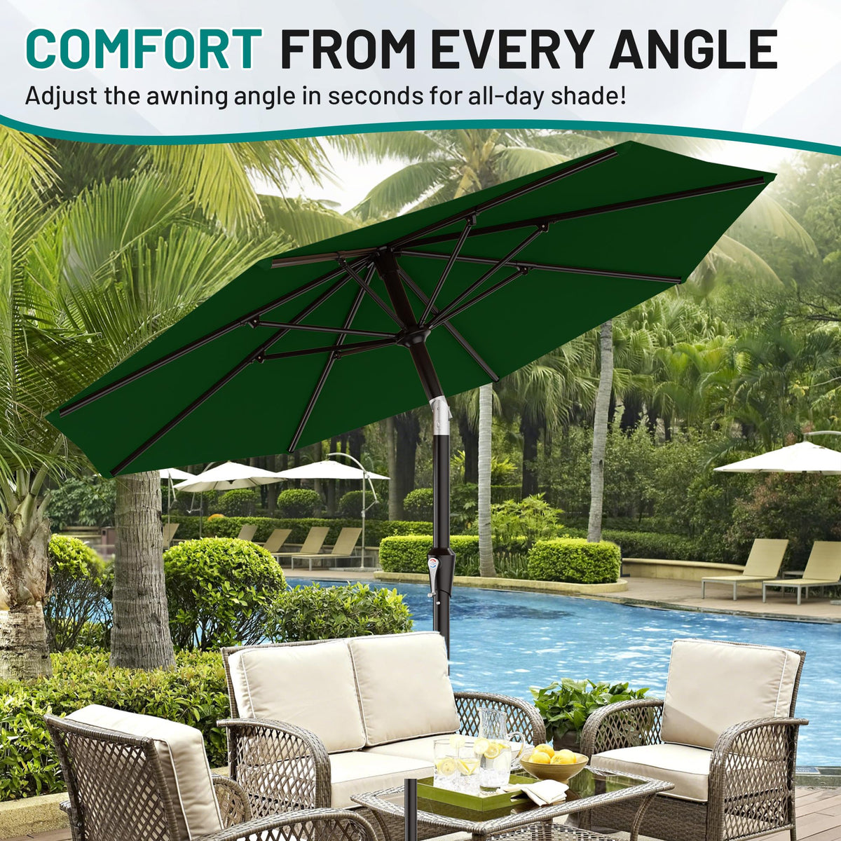 AreShark wide shade coverage fits garden, deck, poolside, and patio seating.