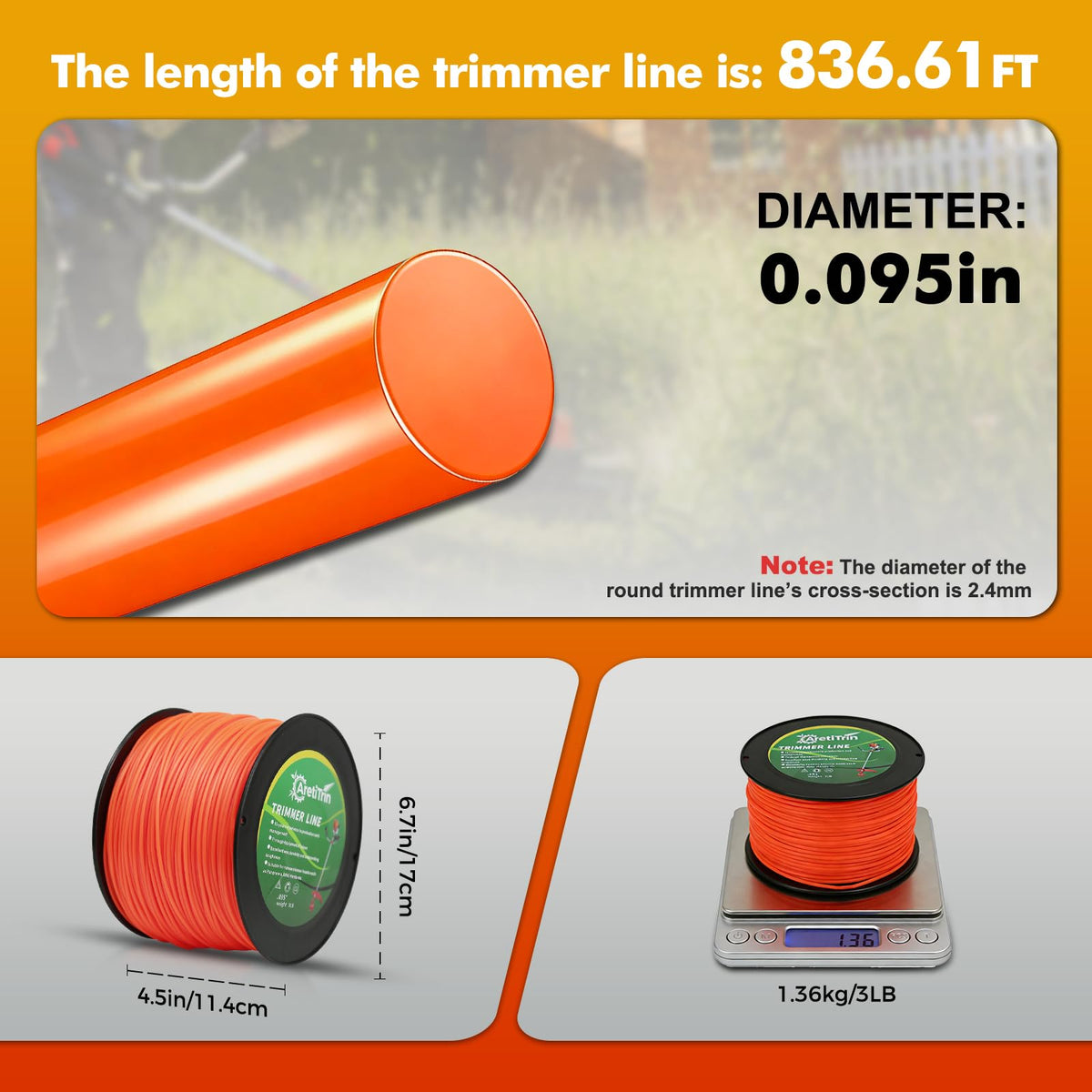 AretiTrin orange round trimmer line in action, clear visibility while cutting
