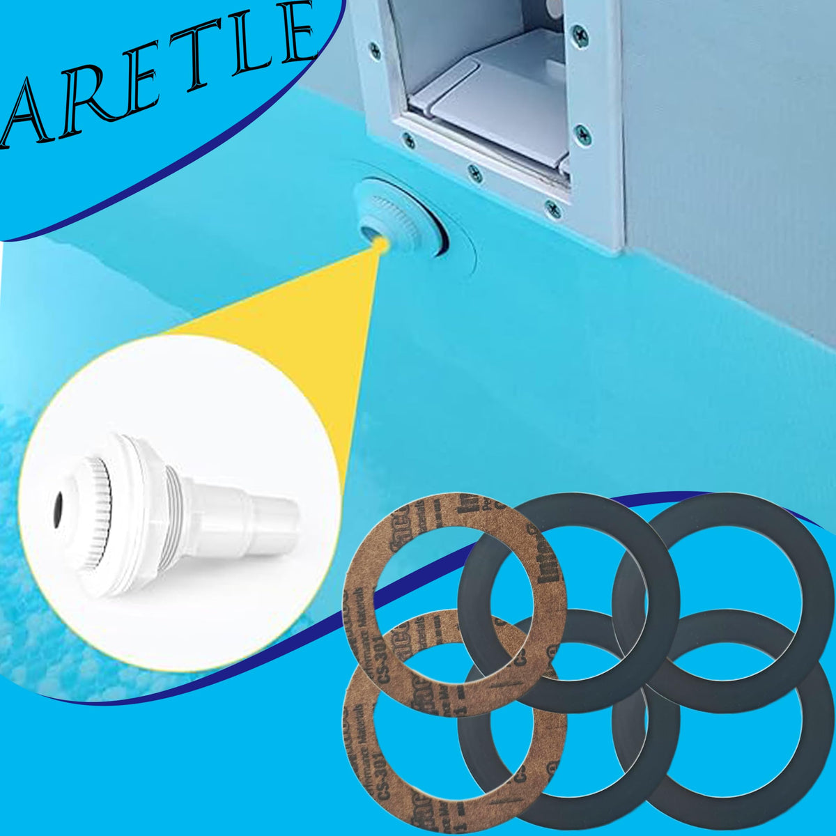 Aretle gasket set shown with Hayward Swimline and Olympic fittings for compatibility.
