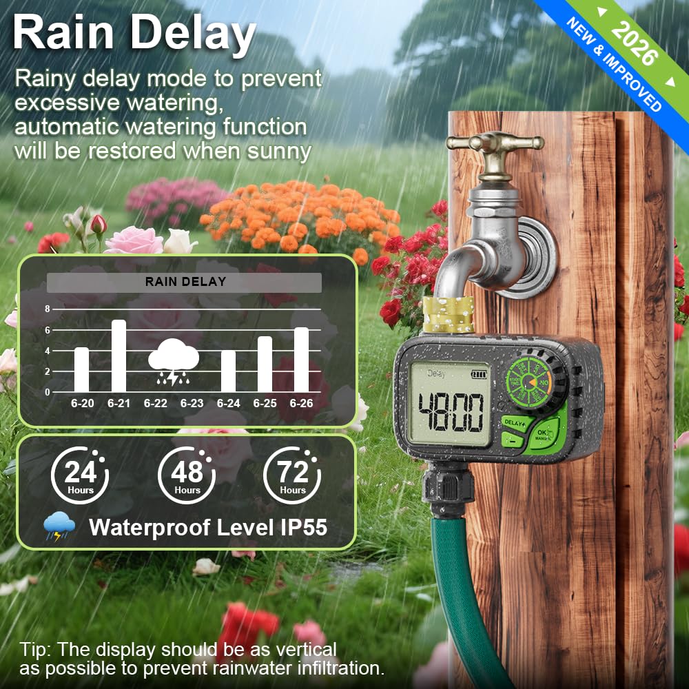 ARFSKY Sprinkler Timer rain-delay mode helps protect plants during rain