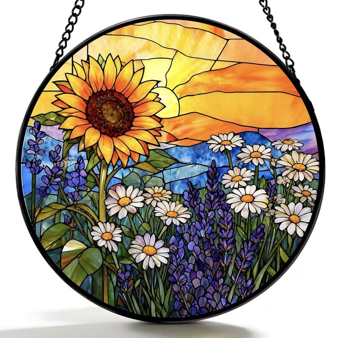 Argodaze sunflowers and daisies suncatcher adds warm, welcoming light to a living room.
