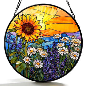 Argodaze sunflowers and daisies suncatcher adds warm, welcoming light to a living room.
