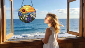 Argodaze lavender and sunset glass ornament brightens bedroom windows with color-rich ambience.