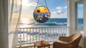 Argodaze stained glass suncatcher showcases vibrant petals for garden view from kitchen.