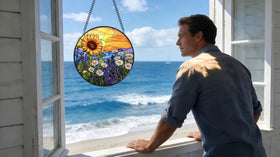 Argodaze sun catcher featuring sunflowers and daisies enhances window decor with natural sparkle.