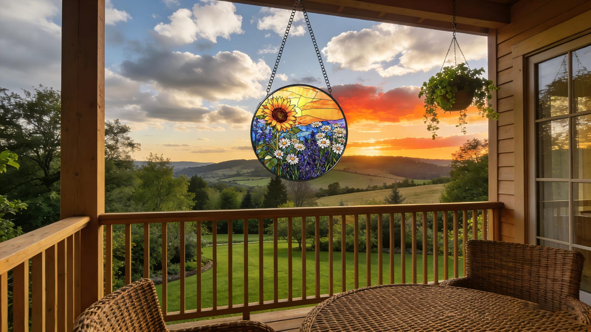Argodaze sunset lavender glass ornament creates soothing glow in home office.