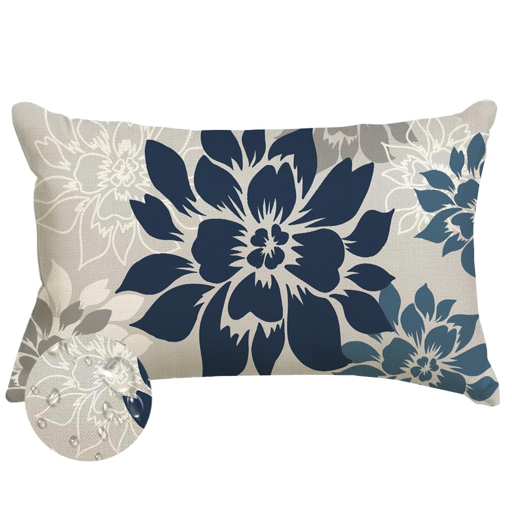 ARGOOFG waterproof dark blue dahlia pillow cover front view for durable outdoor decor.