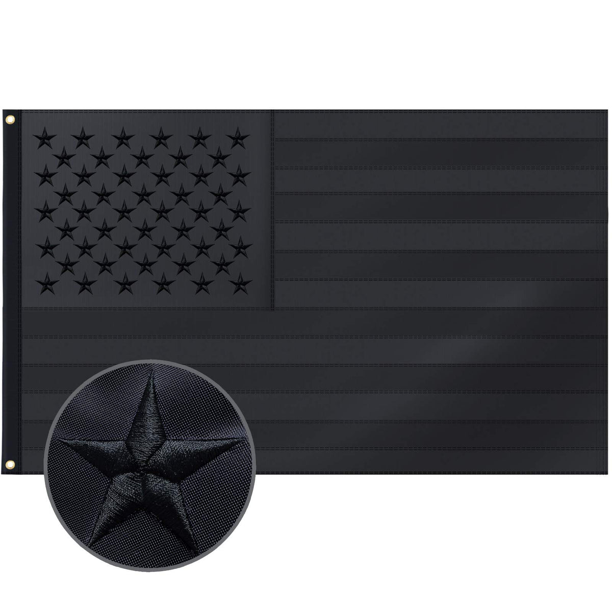 Aria all-black American flag 3x5ft with embroidered stars for durable outdoor display.