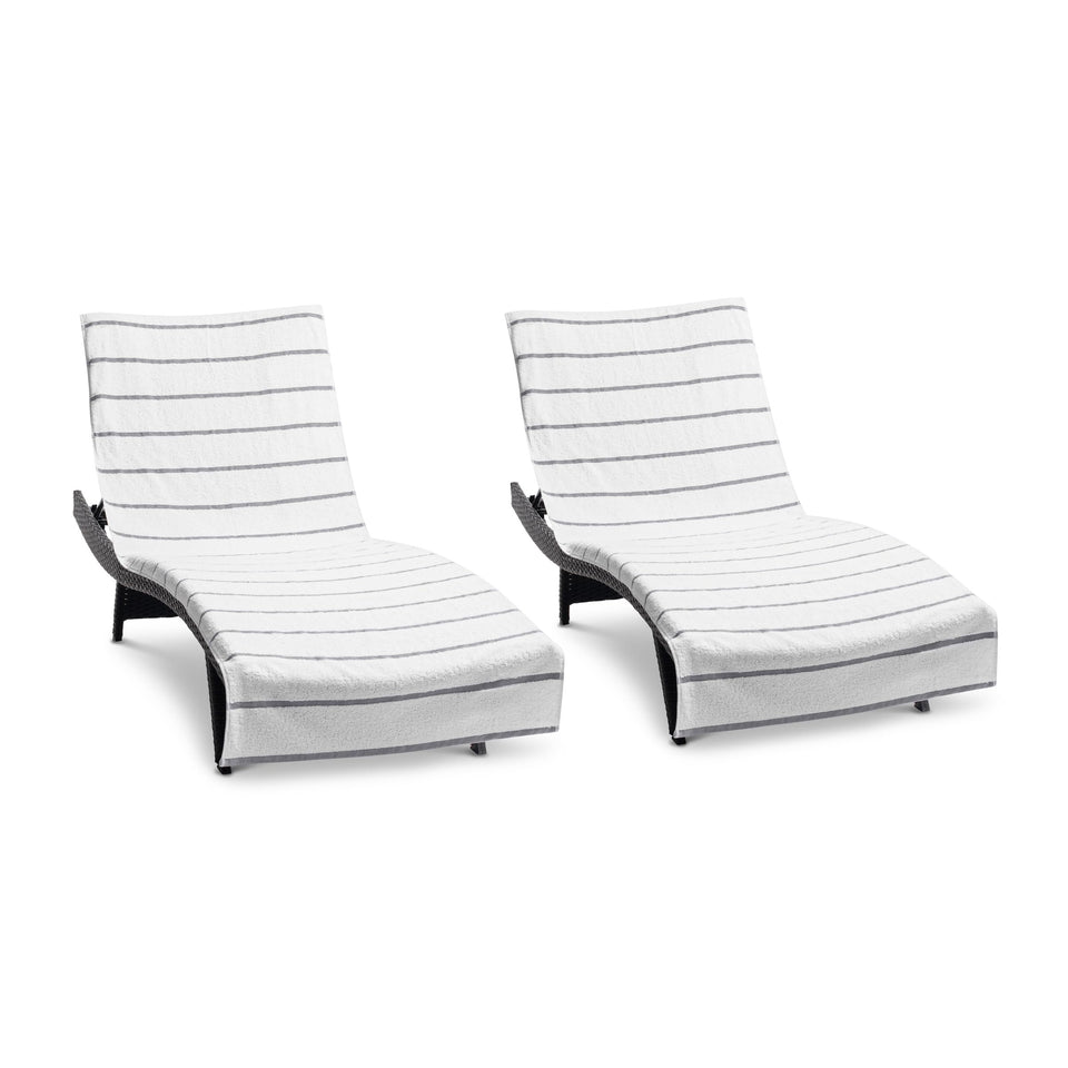 Arkwright Las Rayas chaise lounge cover with pocket closeup keeps towels secure outdoors.