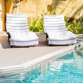 Arkwright Las Rayas stripe-detail shows soft cotton terry for outdoor seating.