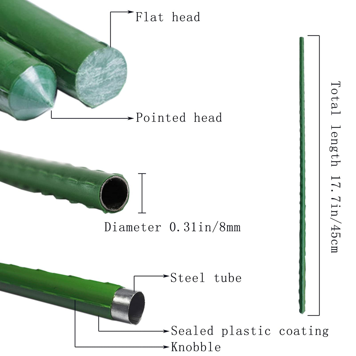 Close-up of Arlai steel stake with green plastic coating for rust resistance