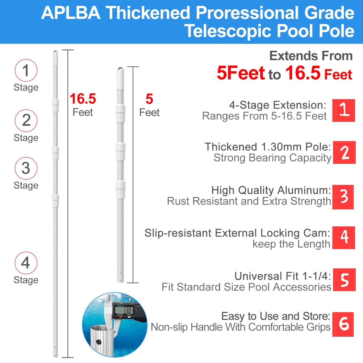 ARLBA thickened aluminum pole with 1.30mm walls resists bending under heavy use.
