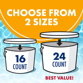 Sealed bucket of Clear Balance tablets ready for season-long pool maintenance.
