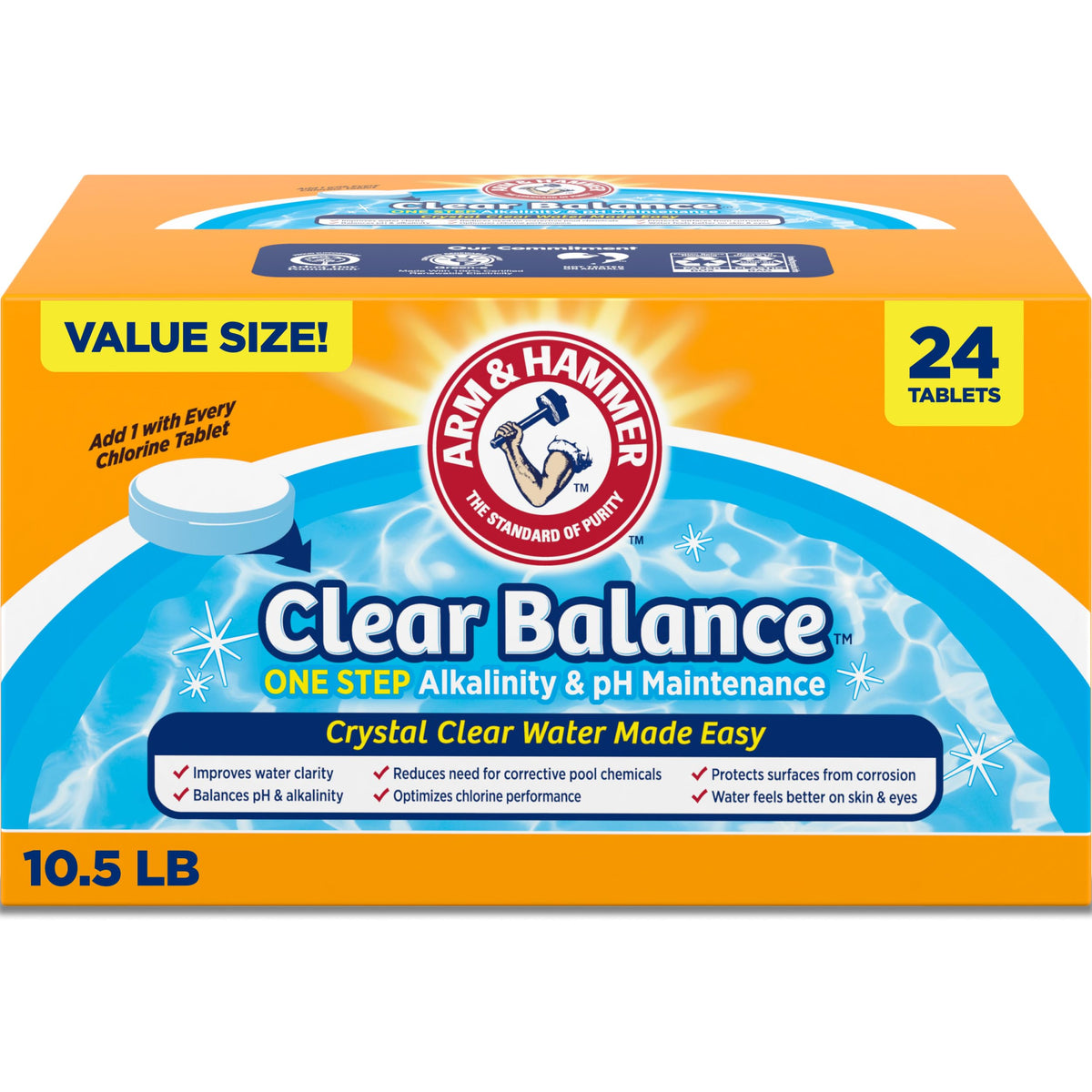 Arm & Hammer Clear Balance tablets bottle for balanced pool pH and alkalinity
