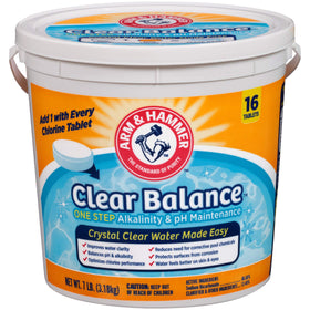 Arm & Hammer Clear Balance tablets in a bucket balance pool chemistry for easy maintenance.