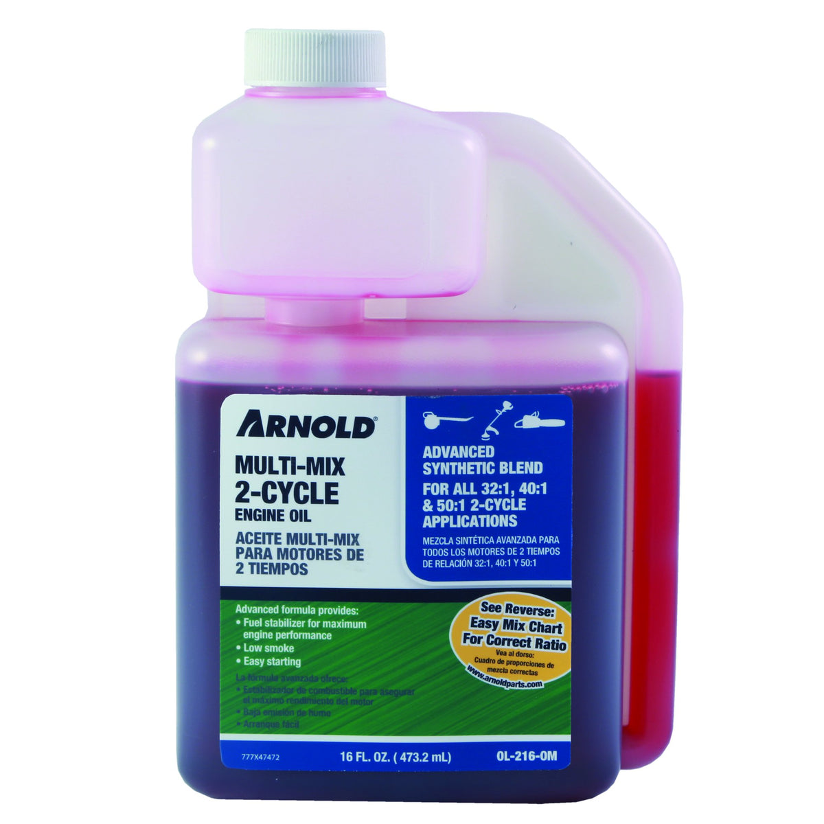 Arnold 2-cycle oil bottle pour enables precise fuel mix for smoother operation