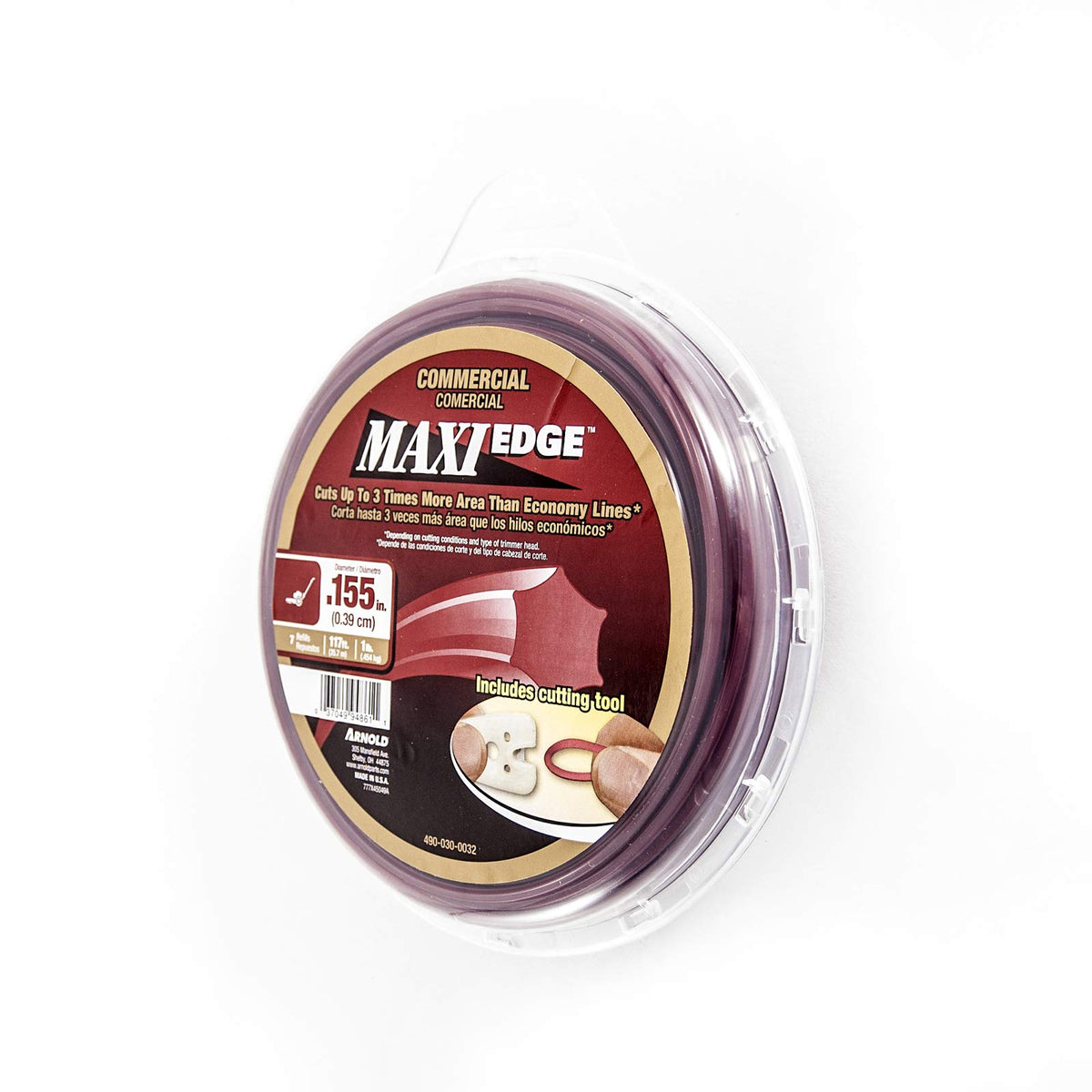 Blue Maxi-Edge spool displaying 117 feet of durable trimmer line for big jobs.