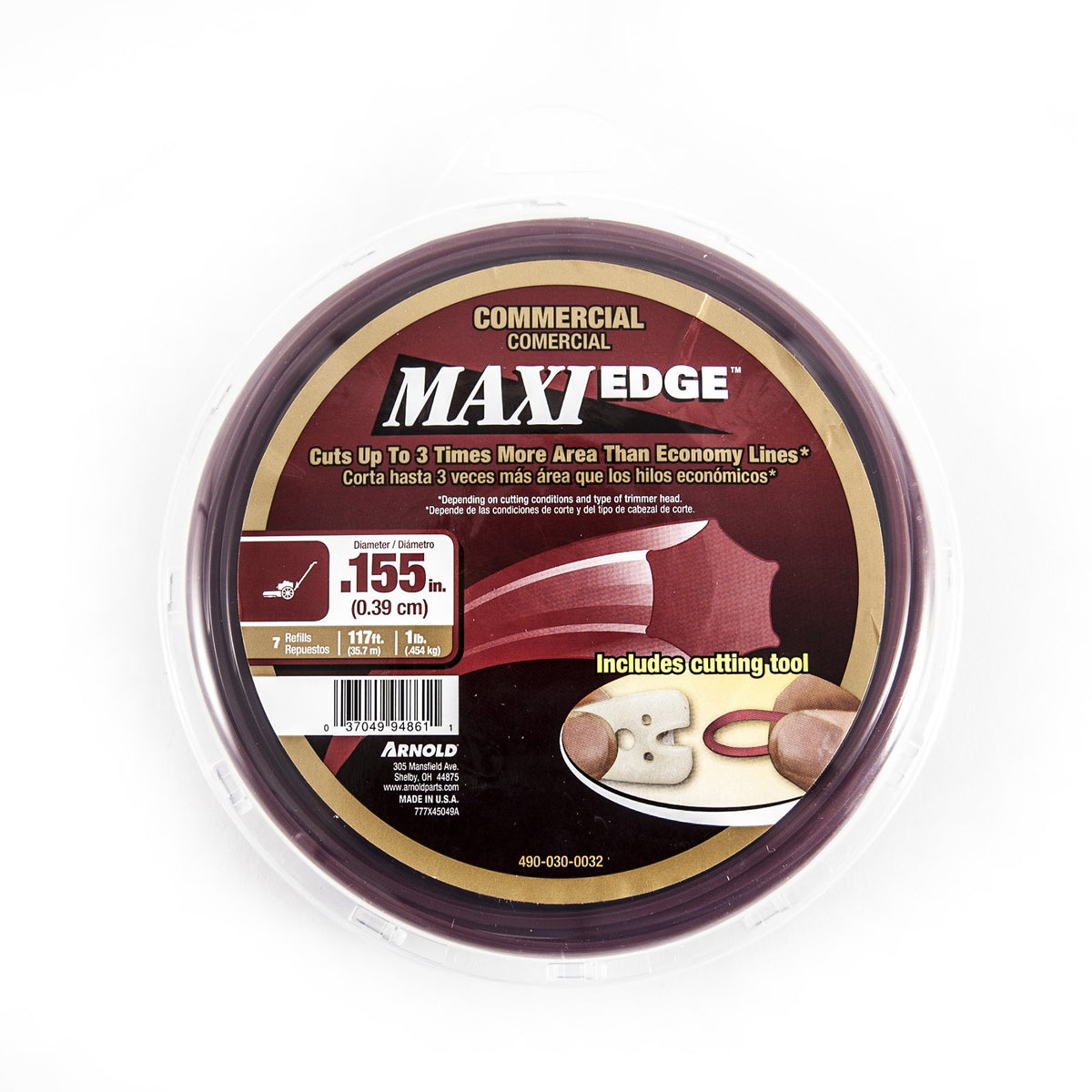 Arnold Maxi-Edge trimmer line with cutting tool simplifies line replacements.