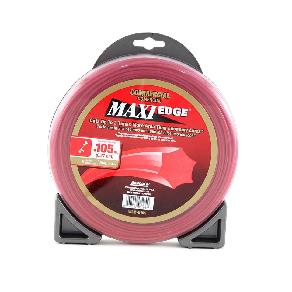 Arnold Maxi-Edge trimmer line in a red spool, ideal for heavy-duty yard maintenance.